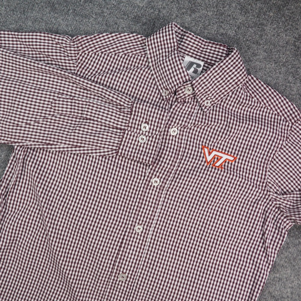Virginia Tech Shirt Mens Small Russell Maroon White Gingham Plaid Hokies NCAA